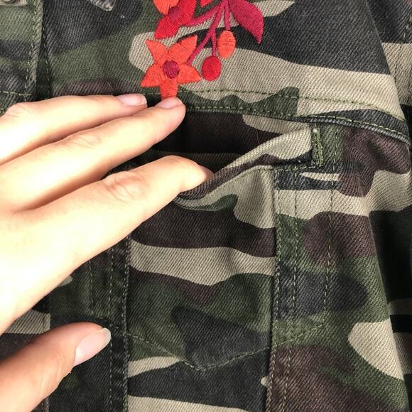 Pilcro Anthropology Green Orange Embroidered Flower Camo Denim Jean Jacket Coat - Picture 6 of 6